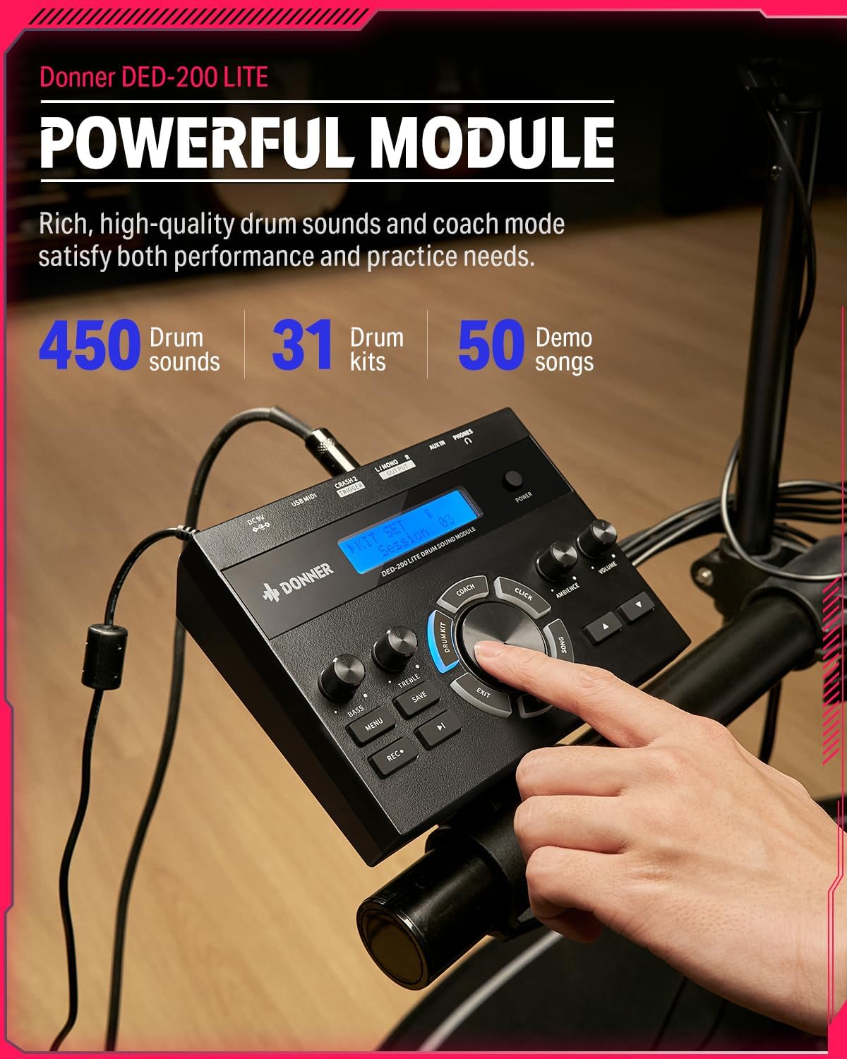 Módulo eletrônico poderoso da bateria Donner DED-200 LITE com 450 sons, 31 kits e 50 músicas demo.