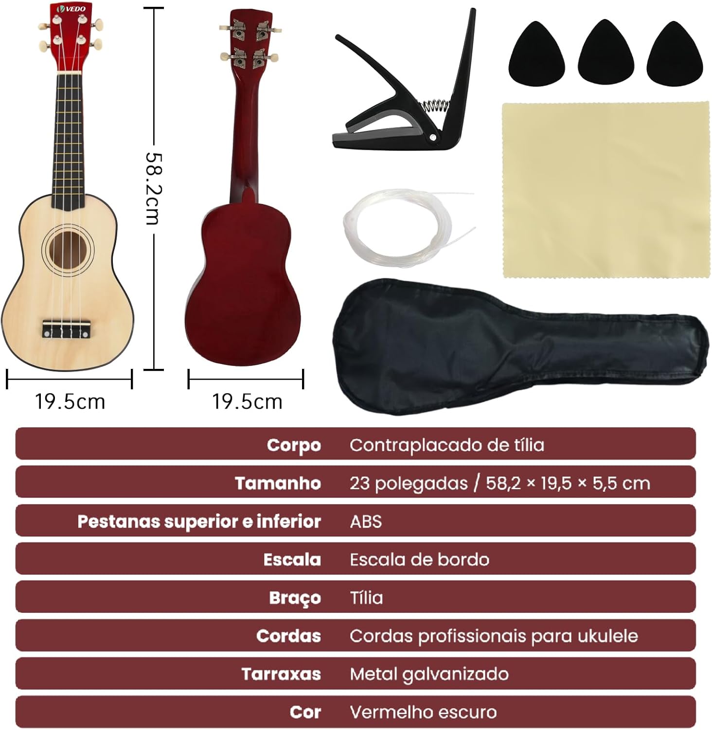 Especificações técnicas do ukulele ANVAR UK10 com kit completo e medidas detalhadas.