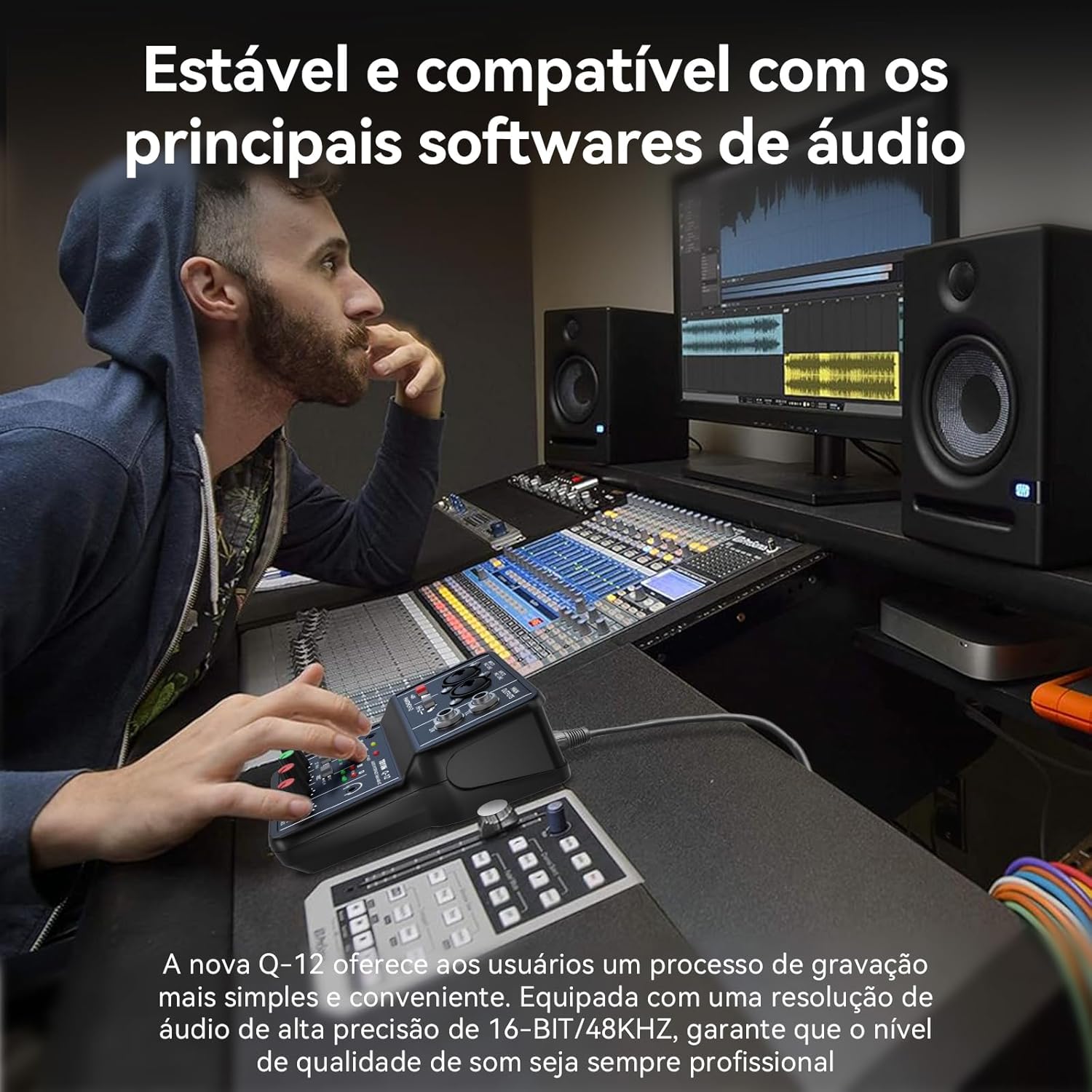 Placa de som GMRGB Q-12 em estúdio, compatível com softwares de áudio e alta resolução