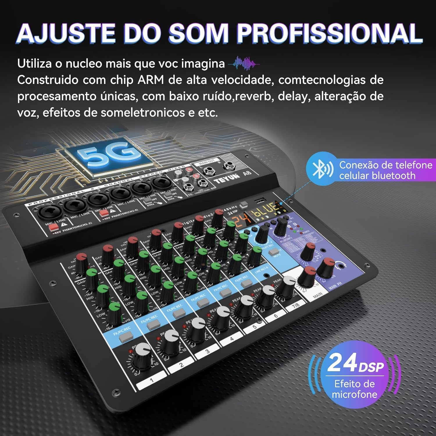Mesa de som TEYUN A8 com chip ARM, 24 efeitos DSP e conexão Bluetooth para celular
