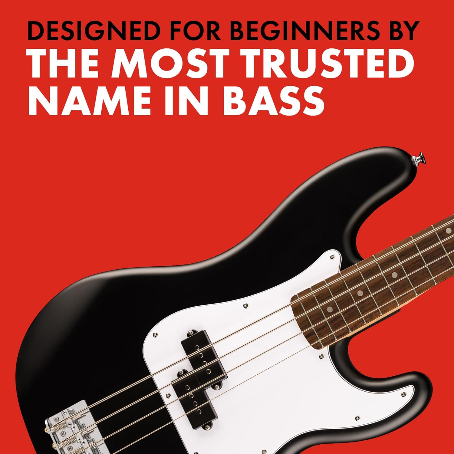 Contrabaixo Squier by Fender Precision Bass preto close no corpo com texto sobre ser design para iniciantes por marca confiável
