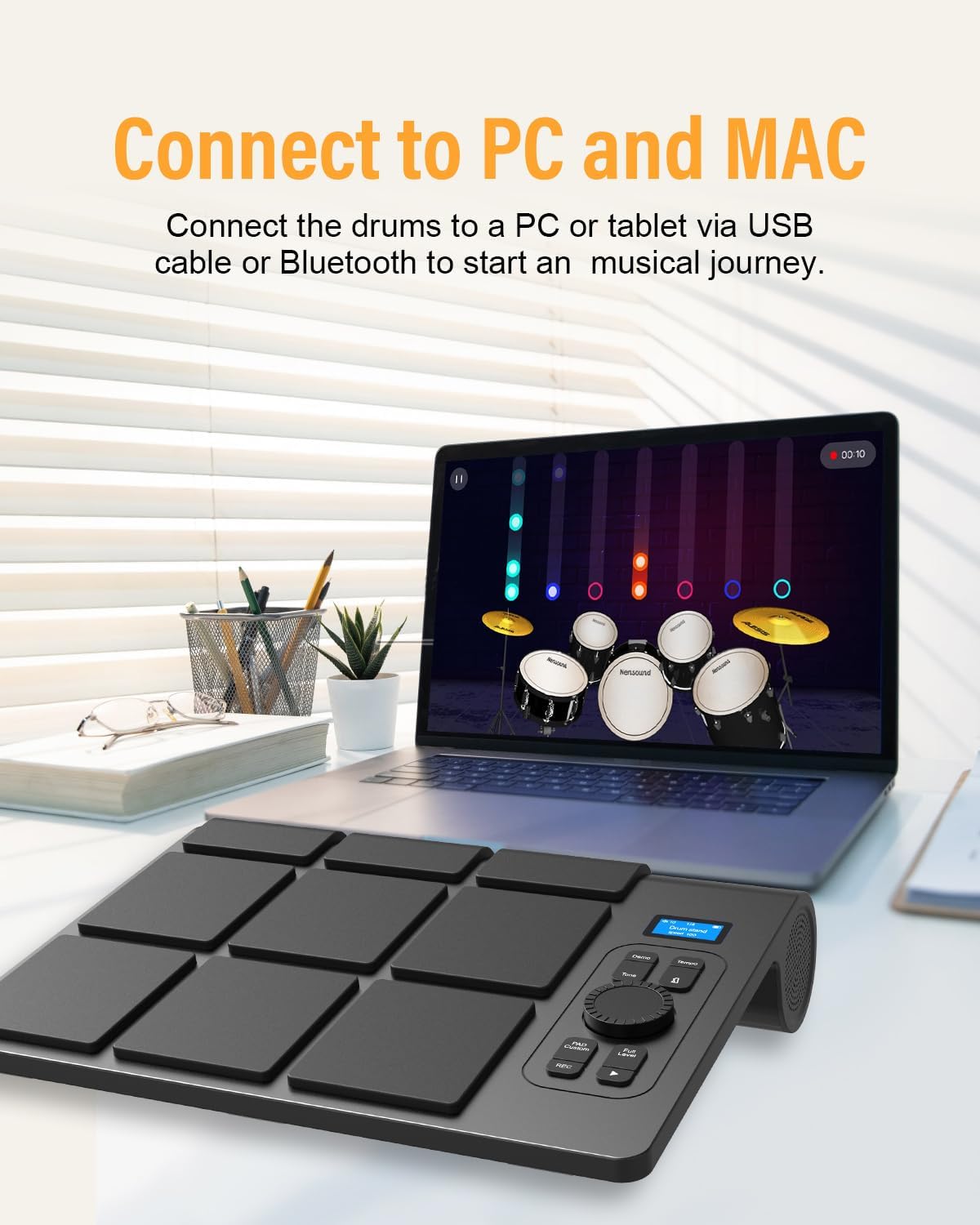 Bateria eletrônica OYAYO conectada a laptop via USB ou Bluetooth compatível com PC e Mac