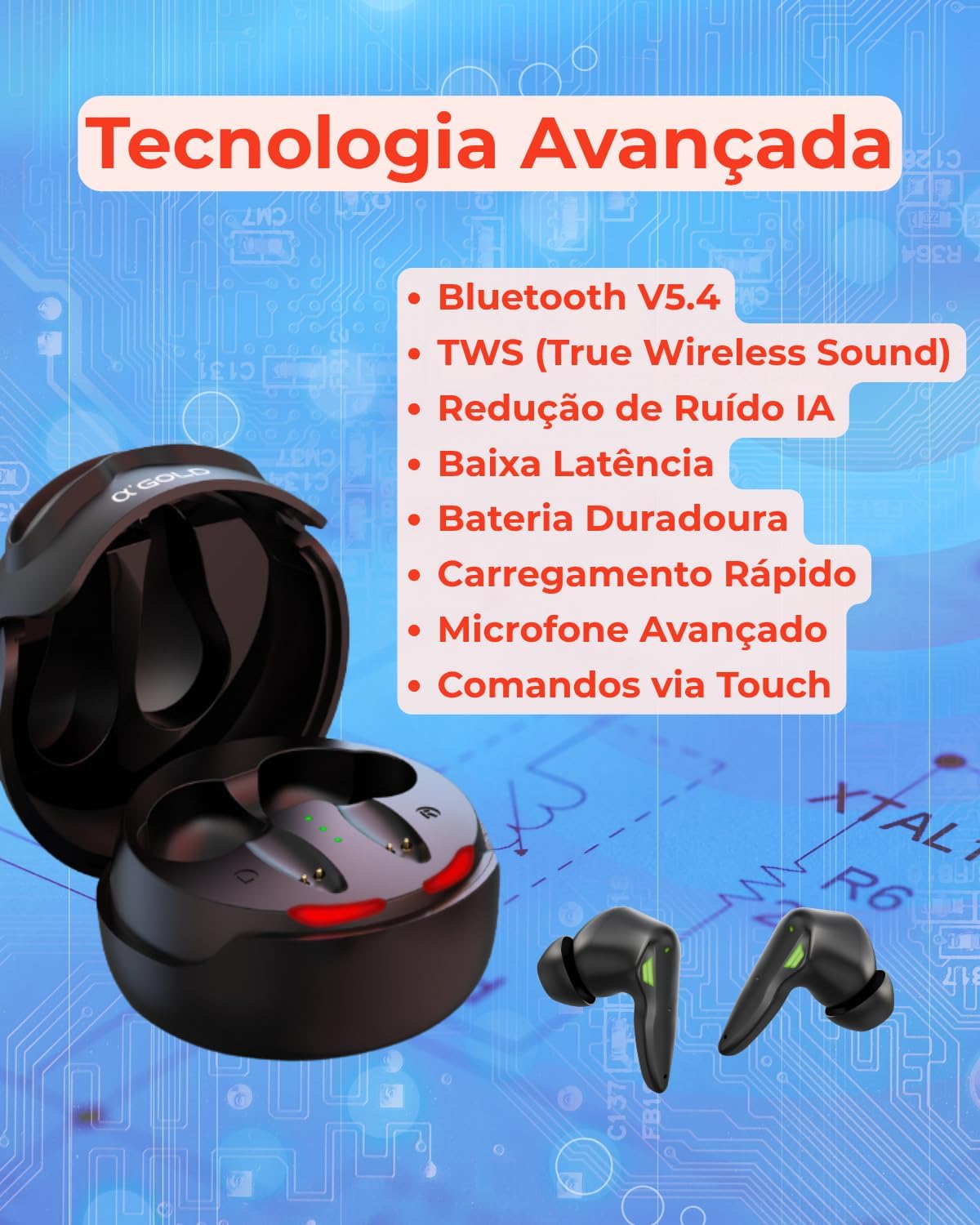 Fone A'Gold FN-B48 TWS exibindo tecnologia Bluetooth 5.4, redução de ruído IA e comandos touch.