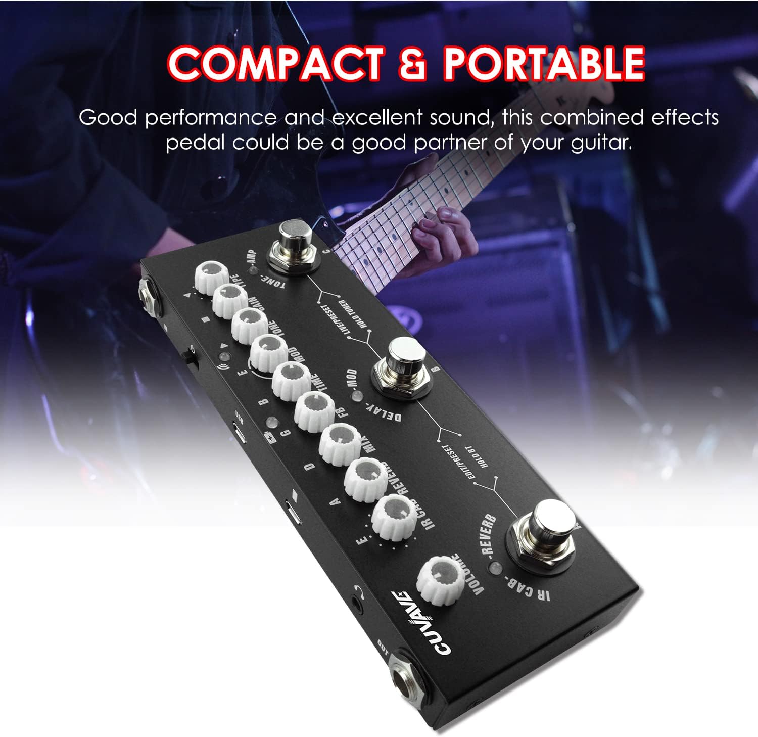 Pedal de efeitos compacto e portátil CUVAVE BHCASE CUBE BABY com texto promocional.
