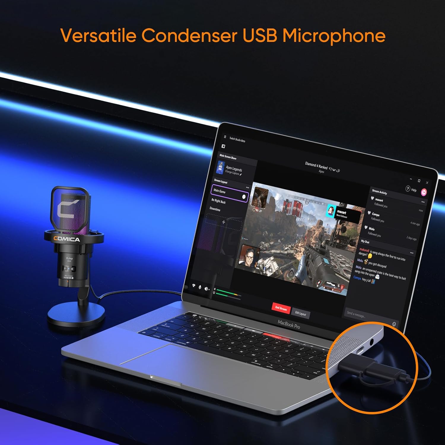 Microfone condensador USB COMICA EJoy Uni ao lado de notebook MacBook Pro ligado, conectado via USB.