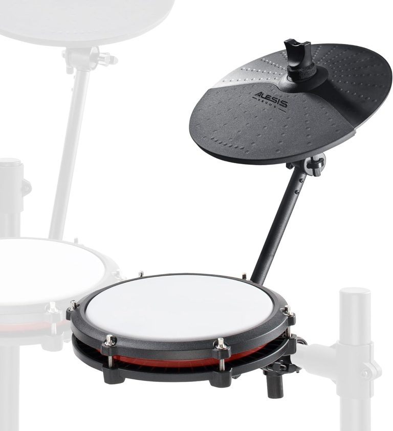 Expansão Alesis Nitro Max bateria eletrônica com tom de malha branco e prato choke preto.