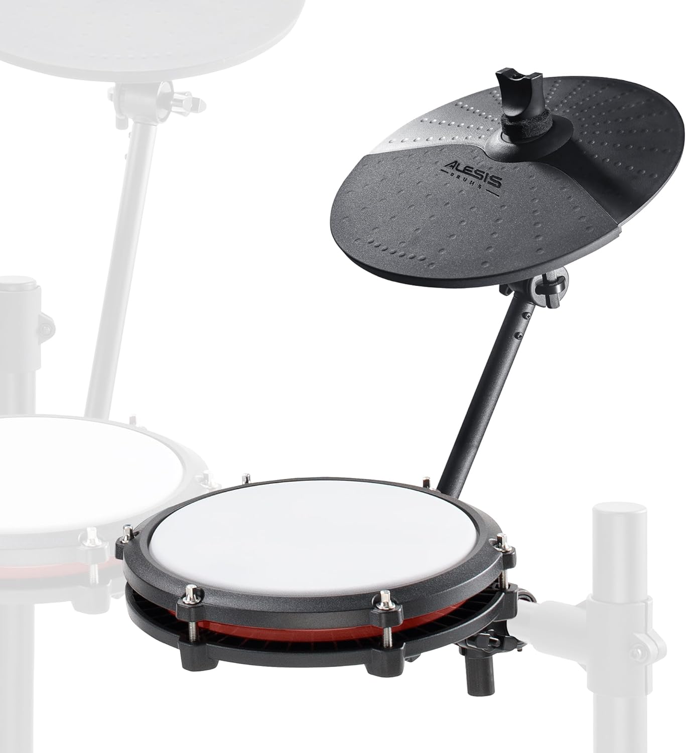 Expansão Alesis Nitro Max bateria eletrônica com tom de malha branco e prato choke preto.