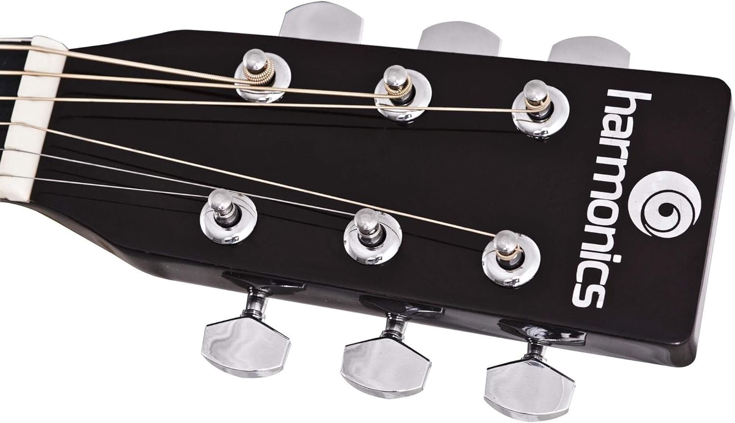 Cabeça do violão acústico Harmonics GS-11 com logo da marca e tarraxas cromadas.