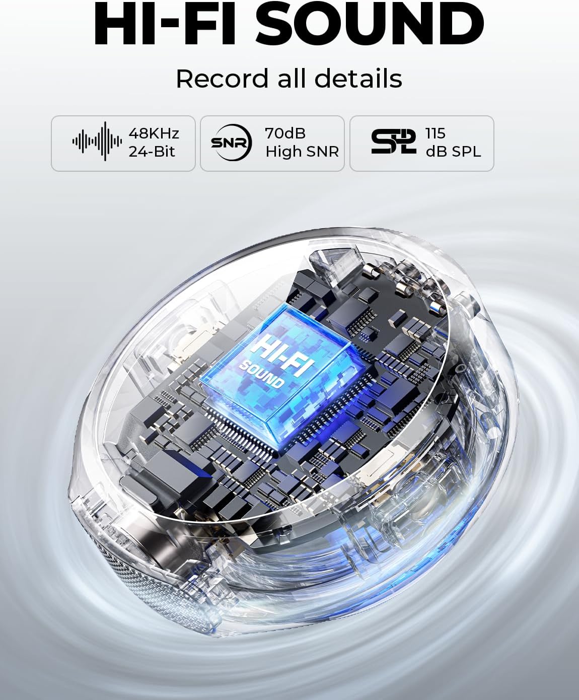 Detalhes técnicos do som Hi-Fi do microfone Hollyland Lark M2, 48KHz 24-bit, 70dB SNR e 115dB SPL.
