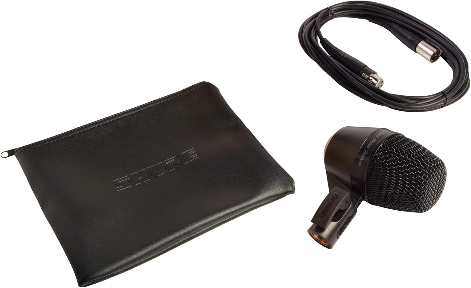 Kit completo do microfone Shure PGA52 para bumbo com suporte giratório, cabo XLR e bolsa de transporte preta.