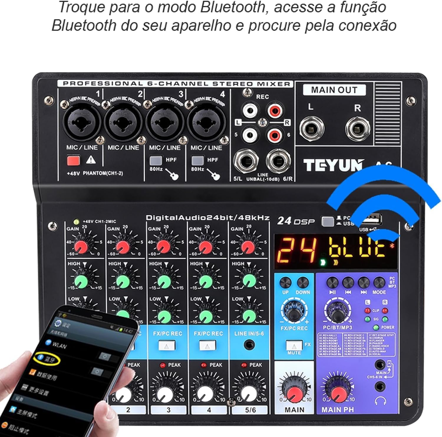 Mesa de som TEYUN A6 6 canais com conexão Bluetooth para dispositivos móveis e display digital.