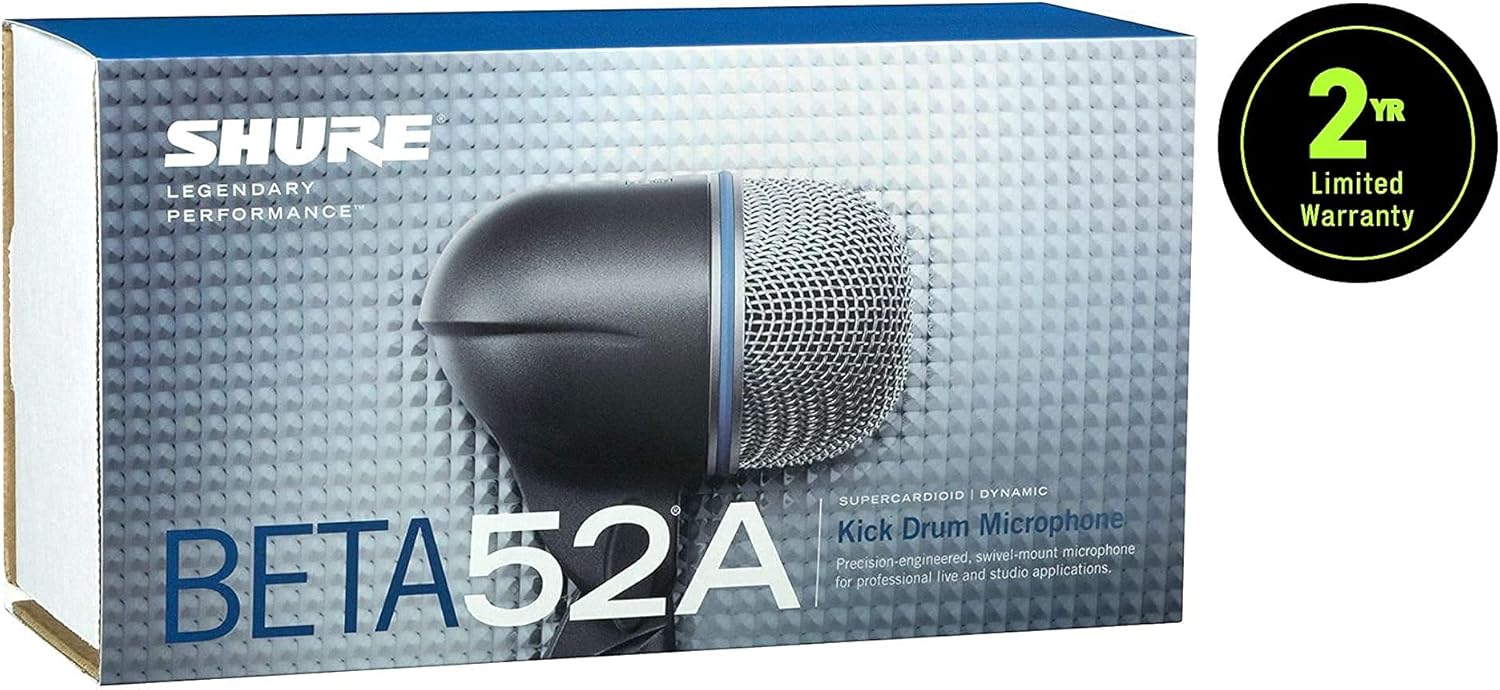 Embalagem do microfone Shure BETA 52A dinâmico supercardióide para bateria com garantia de 2 anos.