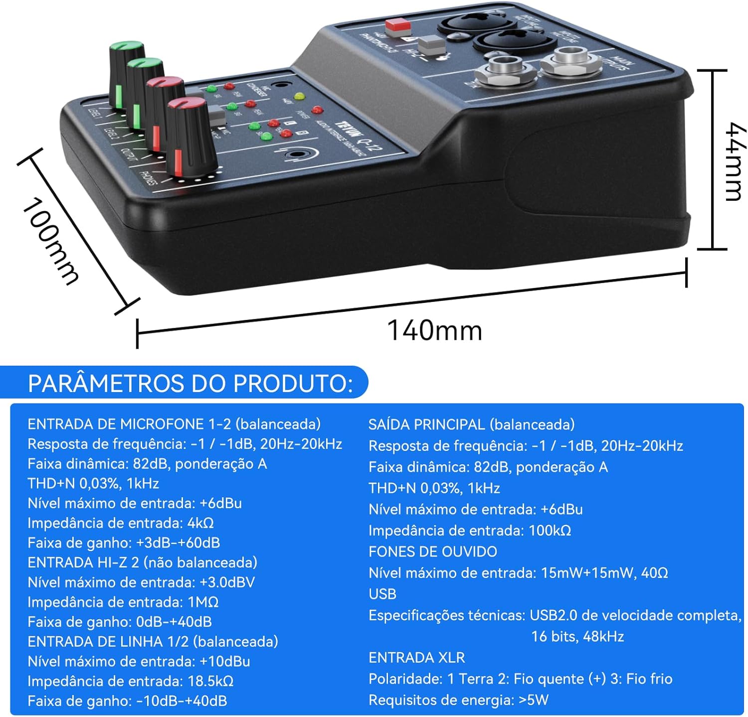 Dimensões e especificações técnicas da interface de áudio Teyun Q-12 com detalhes de entradas, saídas e USB 2.0