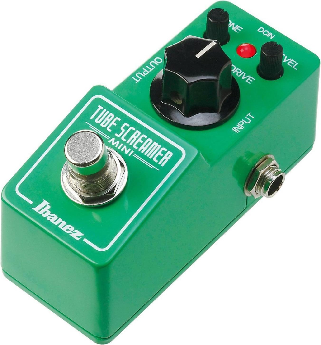 Pedal Ibanez Tube Screamer Mini verde para guitarra visto em ângulo com botões de controle e luz LED