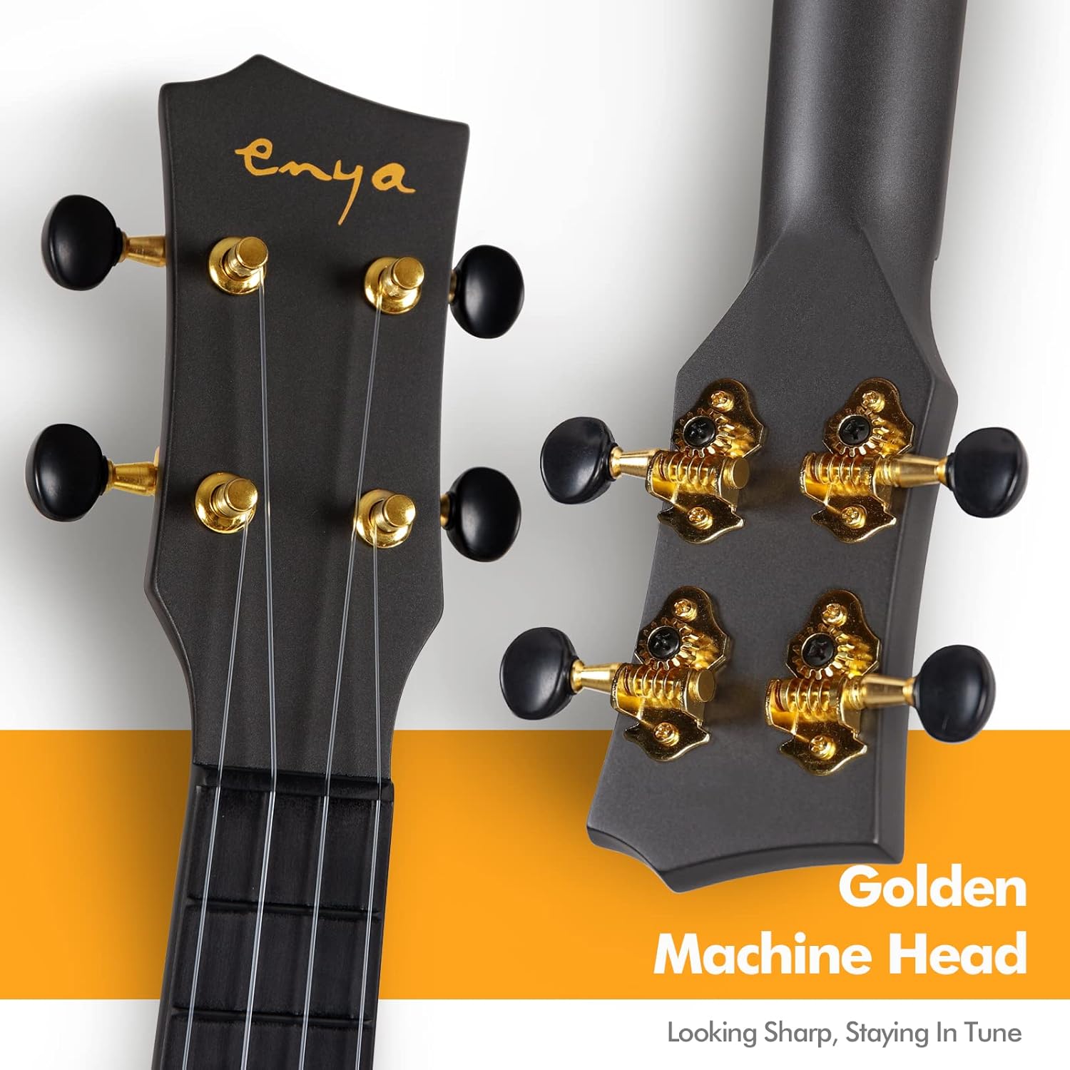 Cabeça do ukulele Enya Nova U Mini Simple com tarraxas douradas e logo enya em dourado.