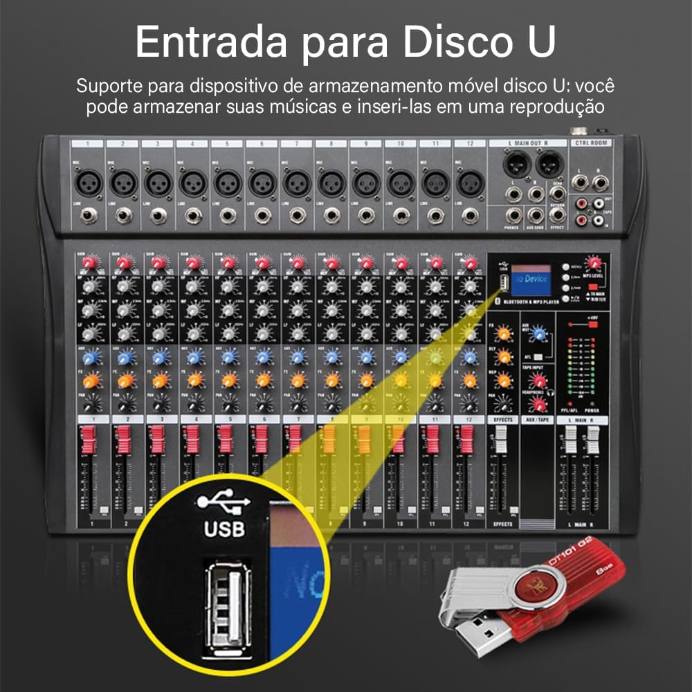 Mesa de som KINGSTER com entrada USB para disco móvel e reprodução de músicas
