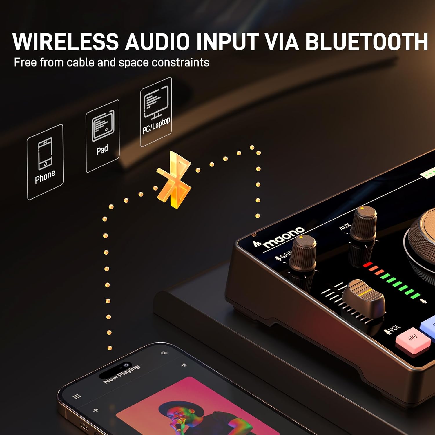Placa de som MAONO com entrada de áudio wireless via Bluetooth para dispositivos móveis e computadores