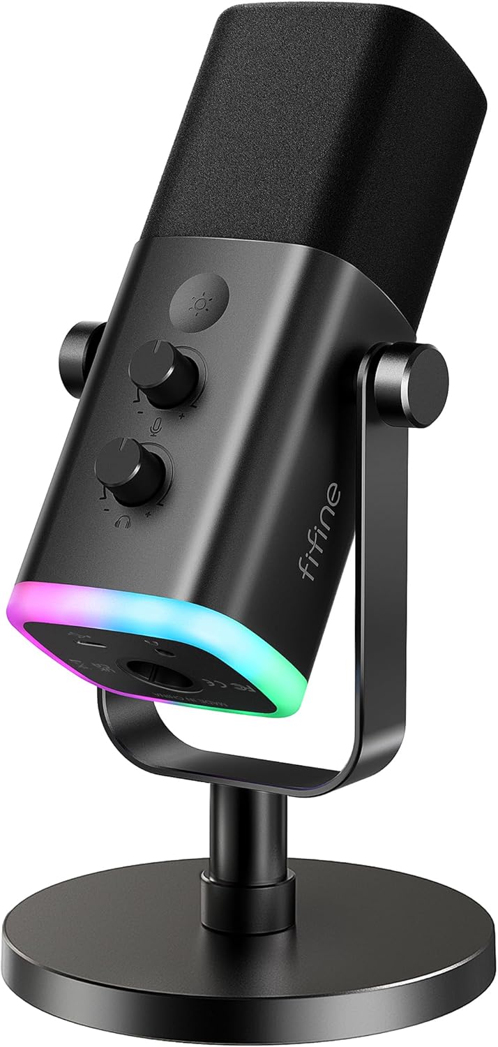 Microfone dinâmico FIFINE AM8 preto com iluminação RGB em suporte metálico para podcast e streaming