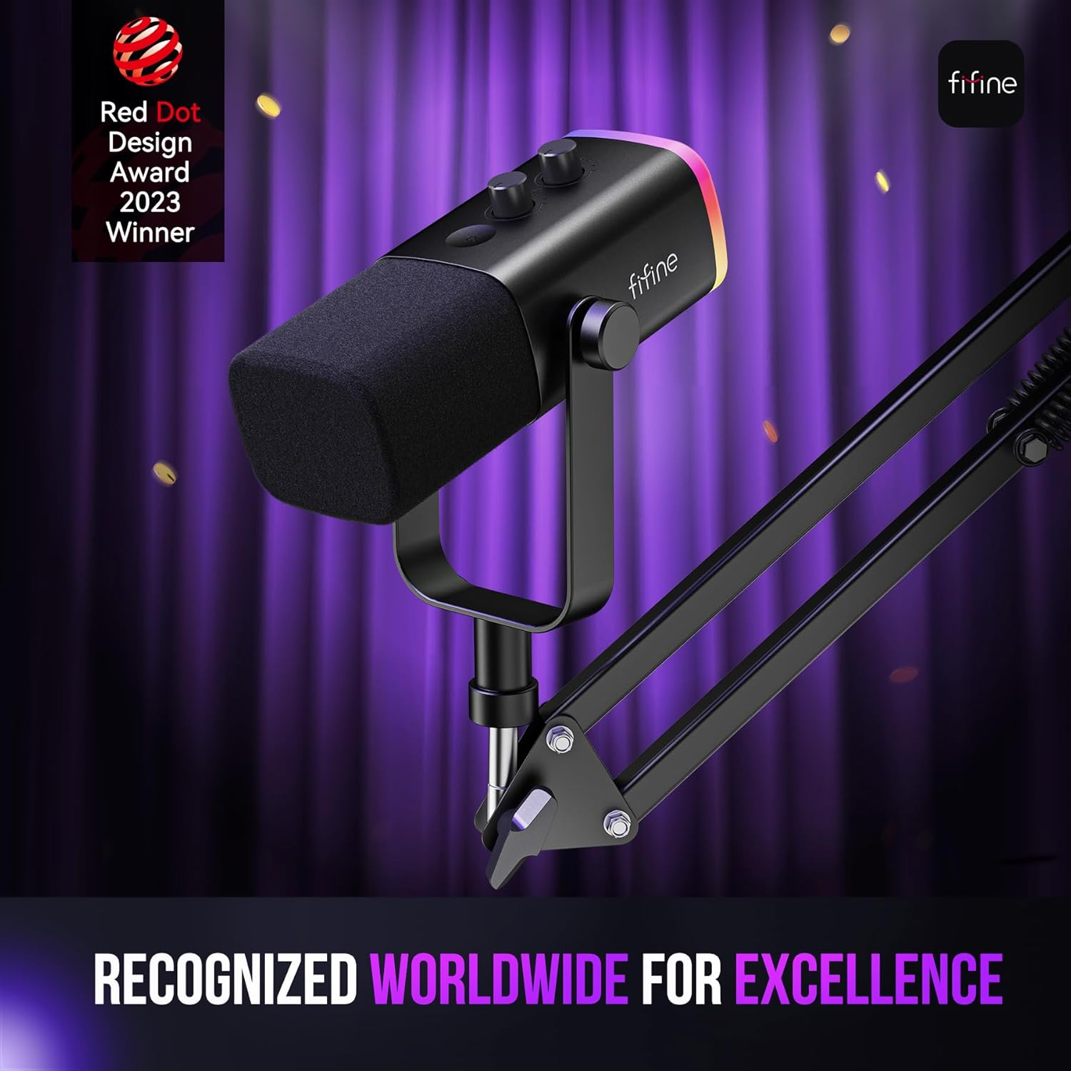 Microfone dinâmico FIFINE AM8T para jogos com iluminação RGB e Red Dot Design Award 2023