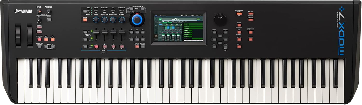 Teclado sintetizador Yamaha MODX7+ Plus 76 teclas com display colorido e controles avançados