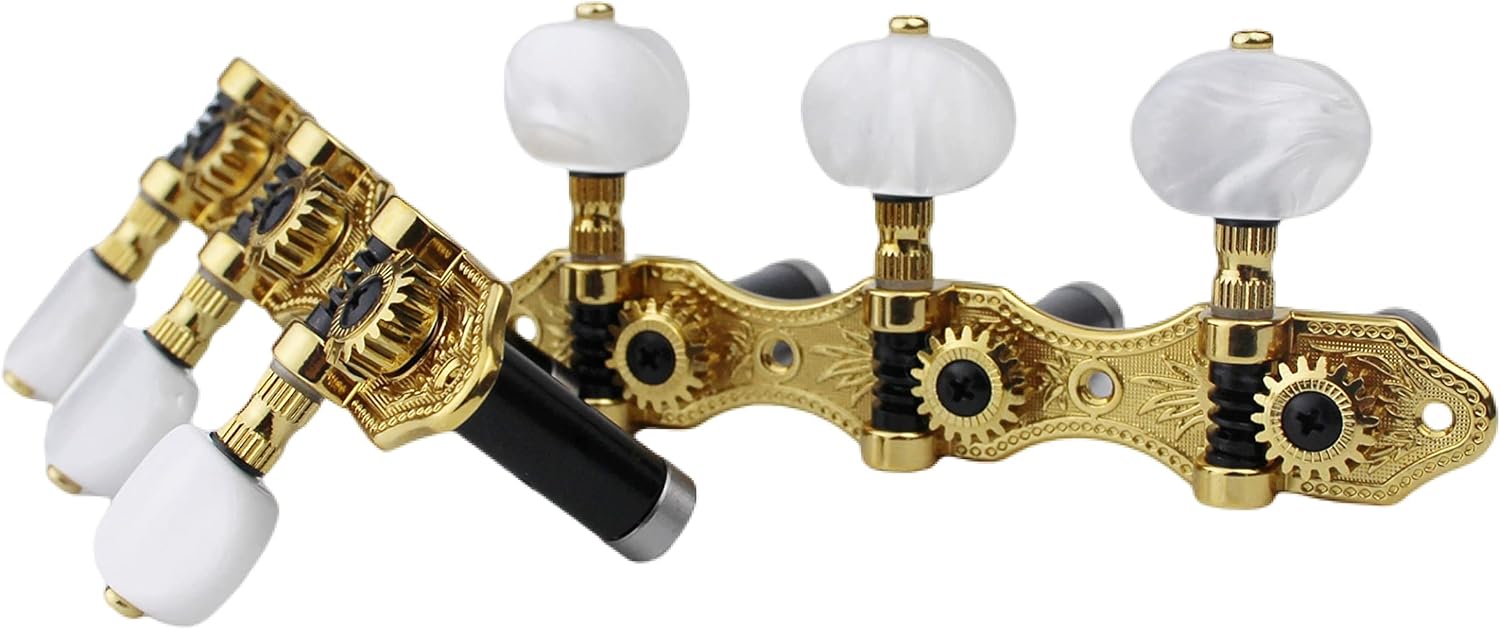 Sintonizadores de guitarra clássica com quadro aberto dourado e botões de jade branco perolado