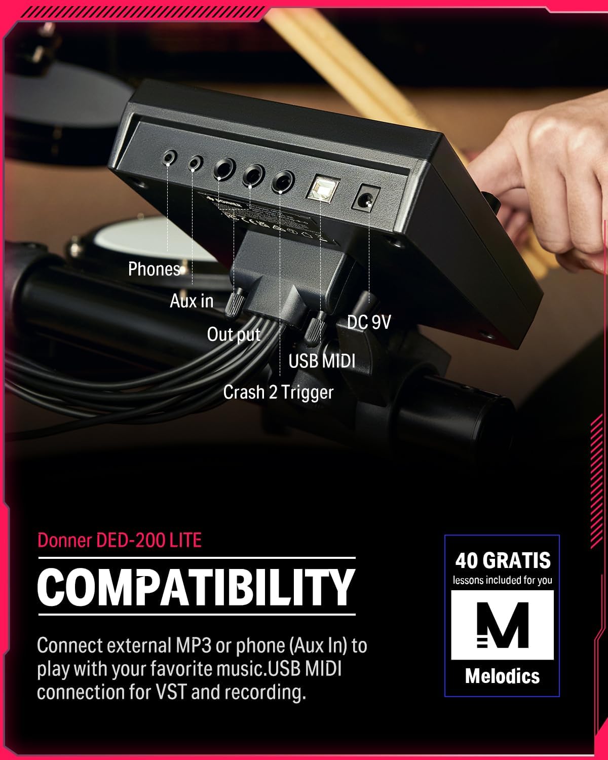 Conexões do módulo Donner DED-200 LITE para fones, aux, USB MIDI, gravação e compatibilidade ampla.