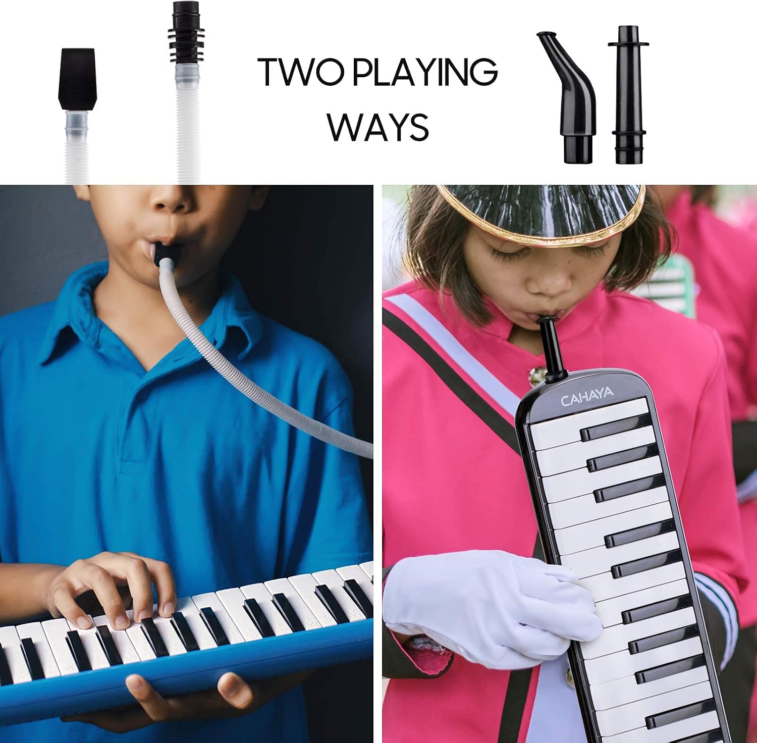 Duas formas de tocar melódica CAHAYA Air Piano com tubos e bocais intercambiáveis