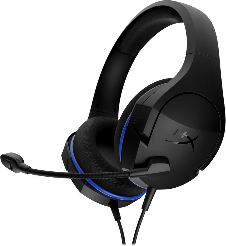 Headset gamer HyperX Cloud Stinger Core preto com microfone articulado flexível e detalhes azuis, com controle de volume no cabo