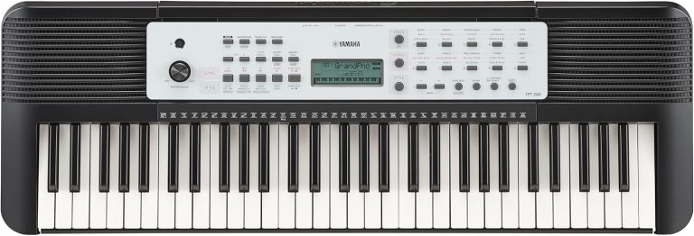 Teclado portátil Yamaha YPT-280 preto com 61 teclas e painel de controle branco.