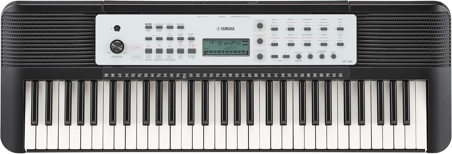 Teclado portátil Yamaha YPT-280 preto com 61 teclas e painel de controle branco.