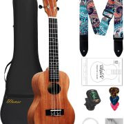 Ukulele de concerto Ulumac de mogno sólido com capa preta e acessórios incluindo correia estampada, afinador digital, palhetas, cordas e flanela