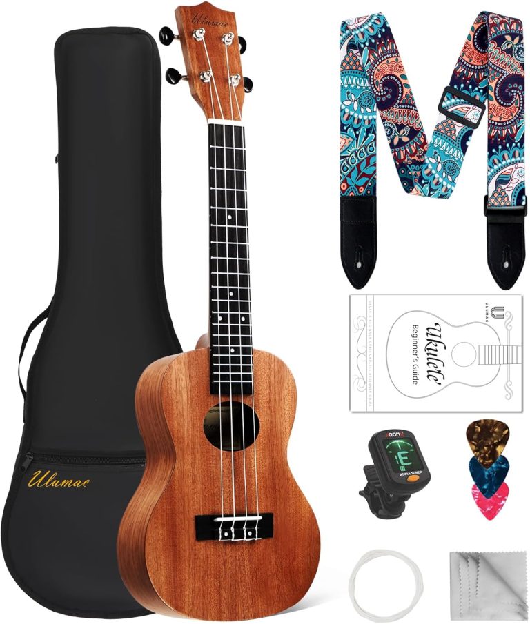 Ukulele de concerto Ulumac de mogno sólido com capa preta e acessórios incluindo correia estampada, afinador digital, palhetas, cordas e flanela