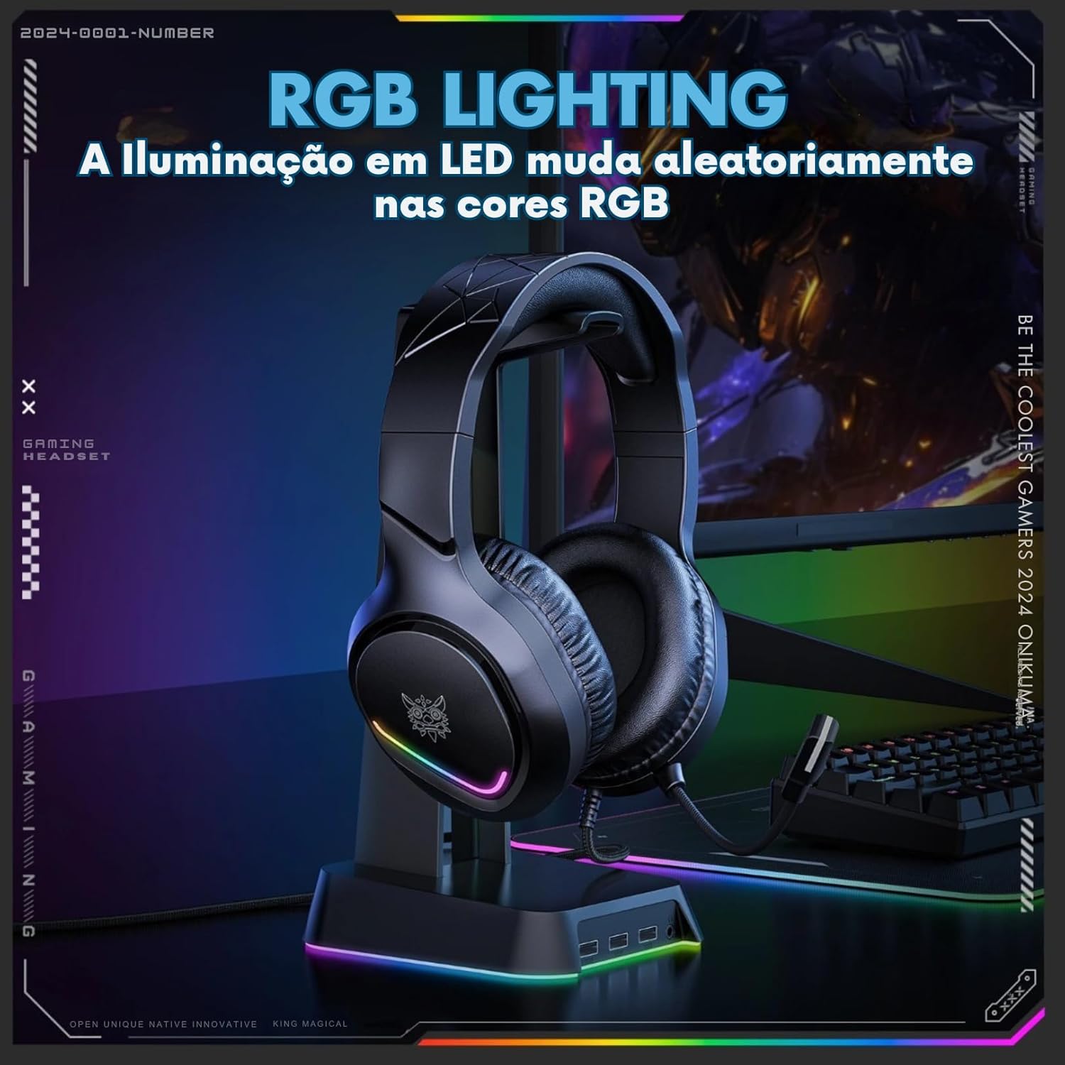 Headset gamer Onikuma X31 com iluminação LED RGB dinâmica em suporte, ambiente gamer RGB.