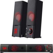 Par de alto-falantes Redragon Orpheus GS550 com LEDs vermelhos e controle de volume, design preto elegante.
