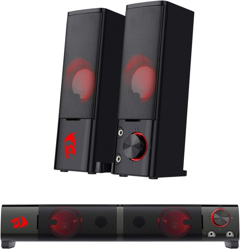 Par de alto-falantes Redragon Orpheus GS550 com LEDs vermelhos e controle de volume, design preto elegante.