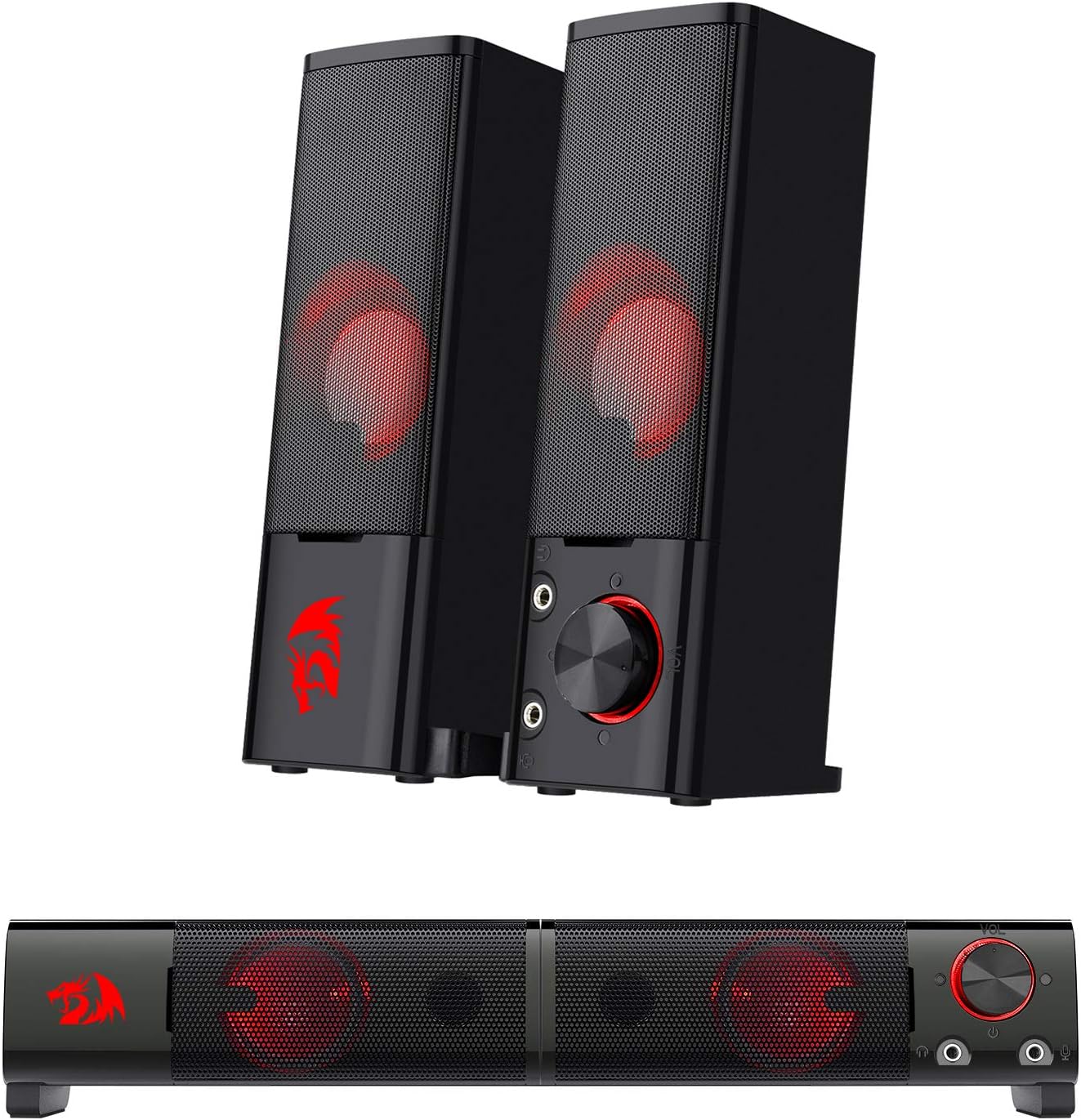 Par de alto-falantes Redragon Orpheus GS550 com LEDs vermelhos e controle de volume, design preto elegante.