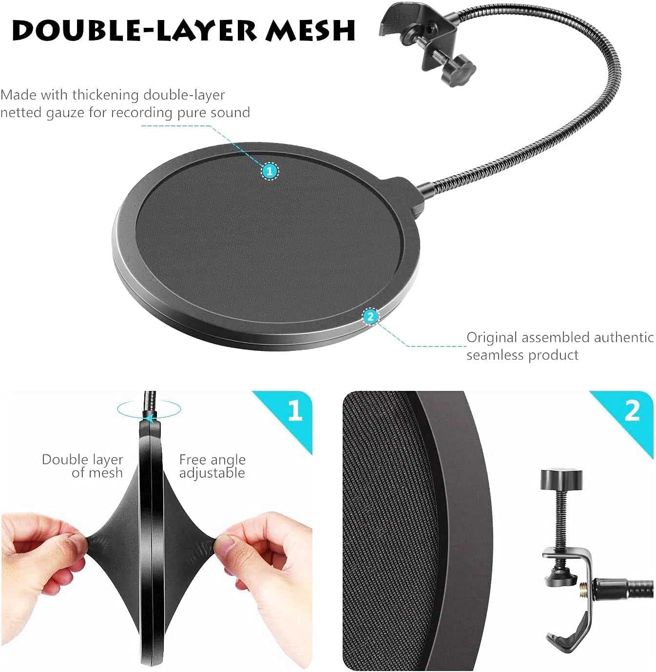 Pop filter para microfone com malha dupla camada espessa e suporte de mesa ajustável.