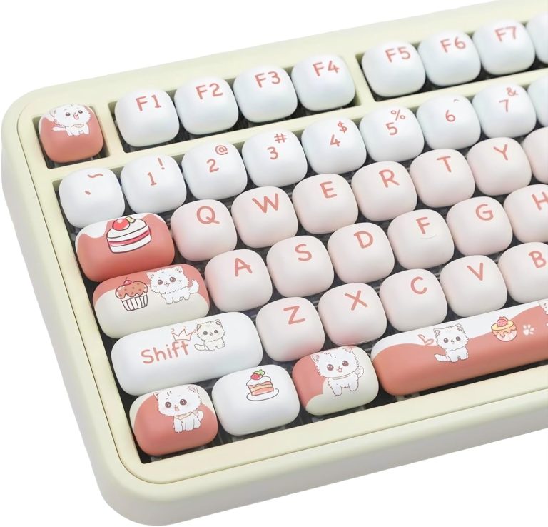 Conjunto de teclas perfil MOG para teclado personalizado PBT com desenhos de gatos e doces em cores branco, rosa e marrom