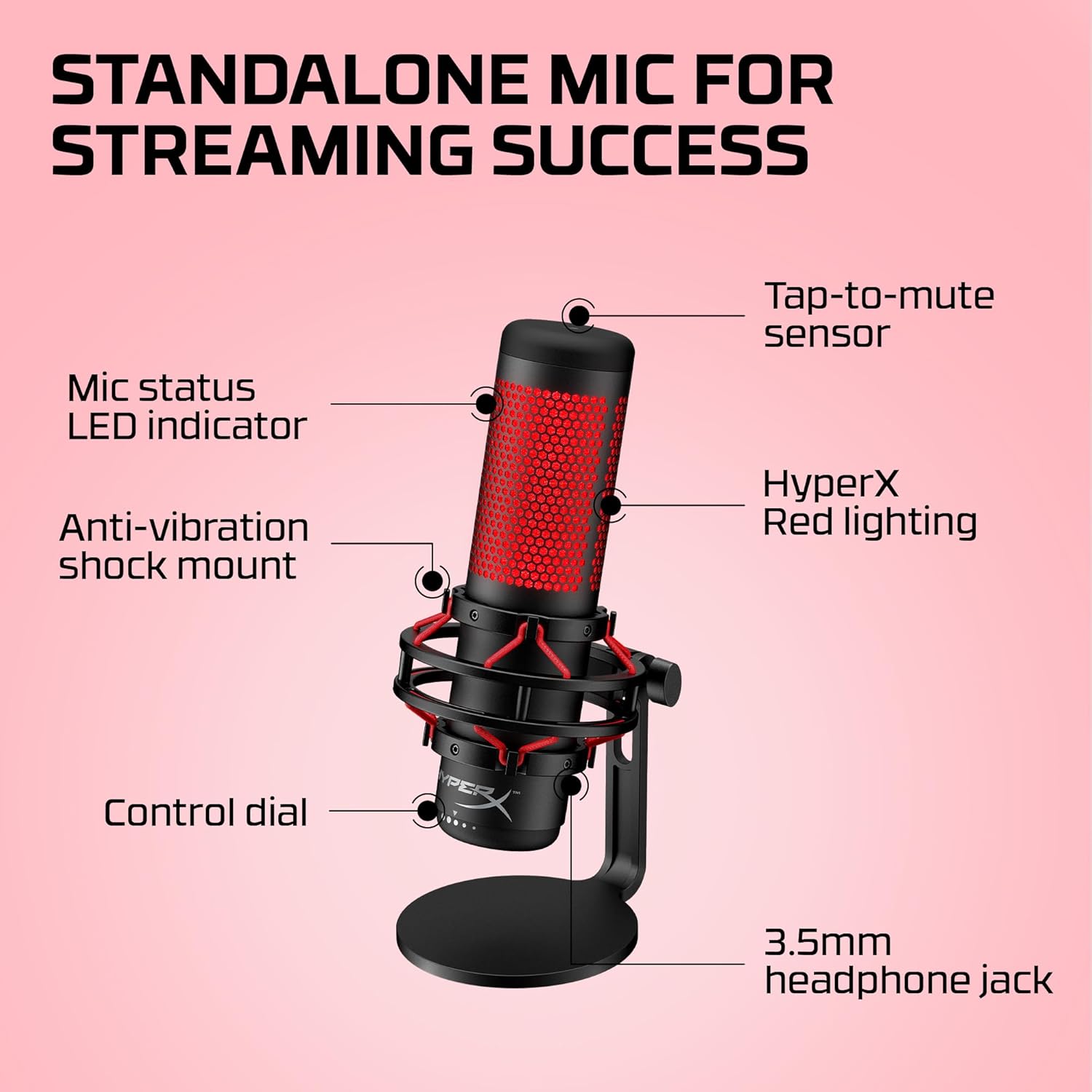 Atributos do microfone HyperX QuadCast: sensor de toque para mutar, LED, iluminação vermelha, controle dial e entrada para fone.