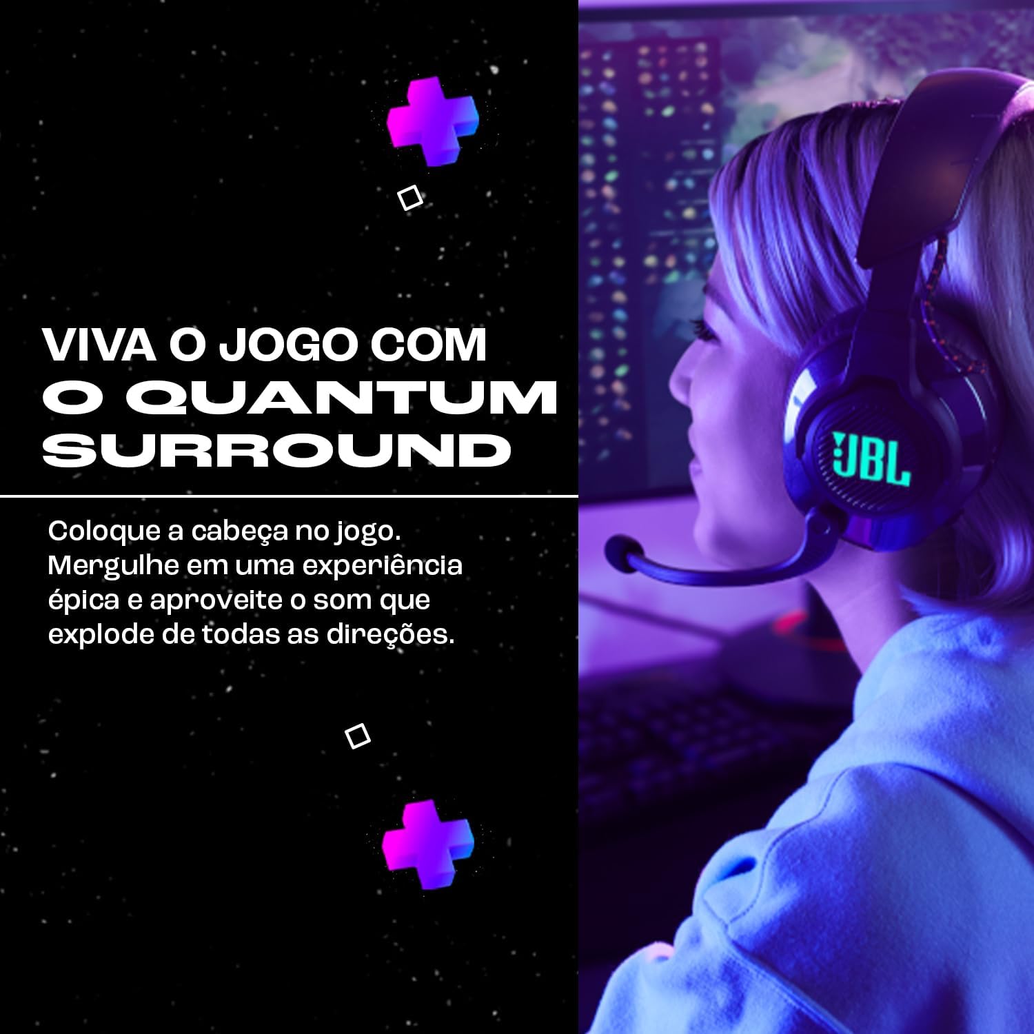 Usuário com headset JBL Quantum 610 destacando experiência sonora Quantum SURROUND