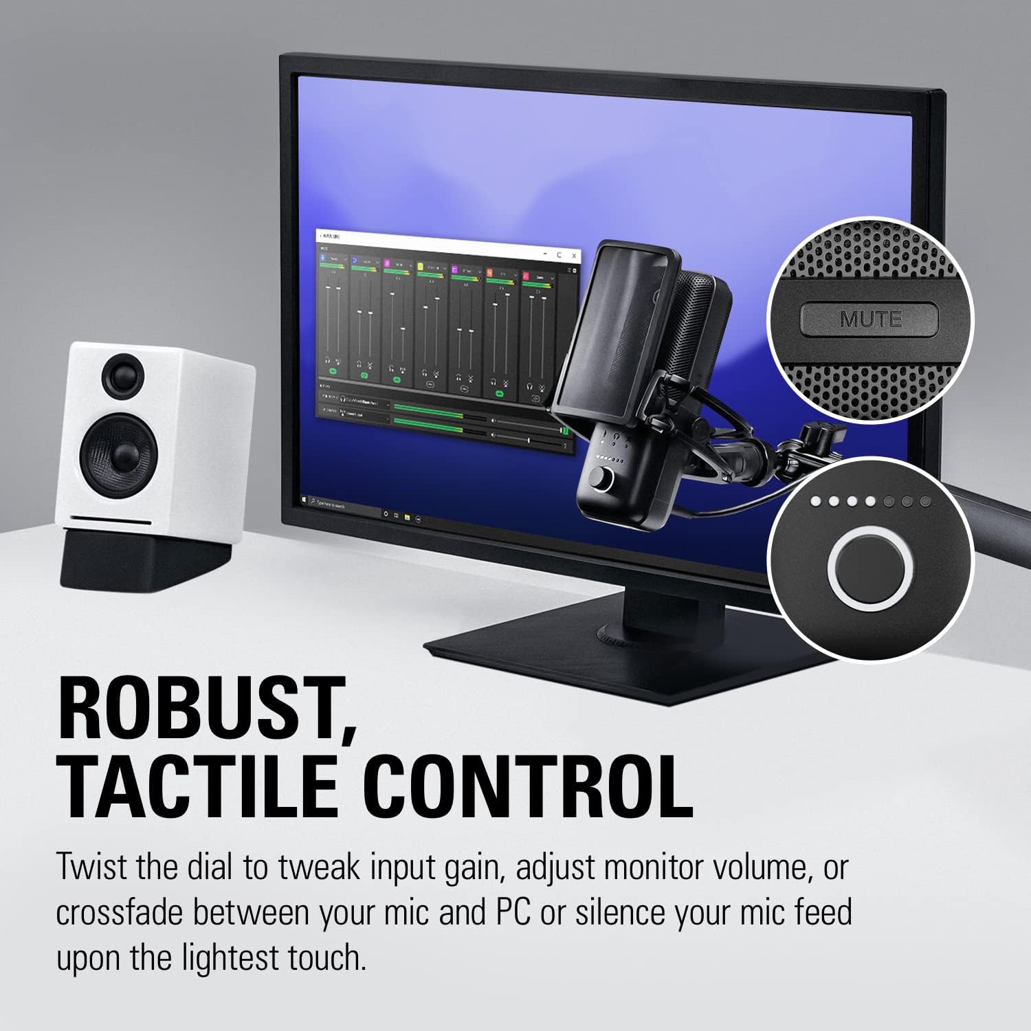 Controle tátil do microfone Elgato Wave 3 com botão giratório e mute em frente a monitor com software