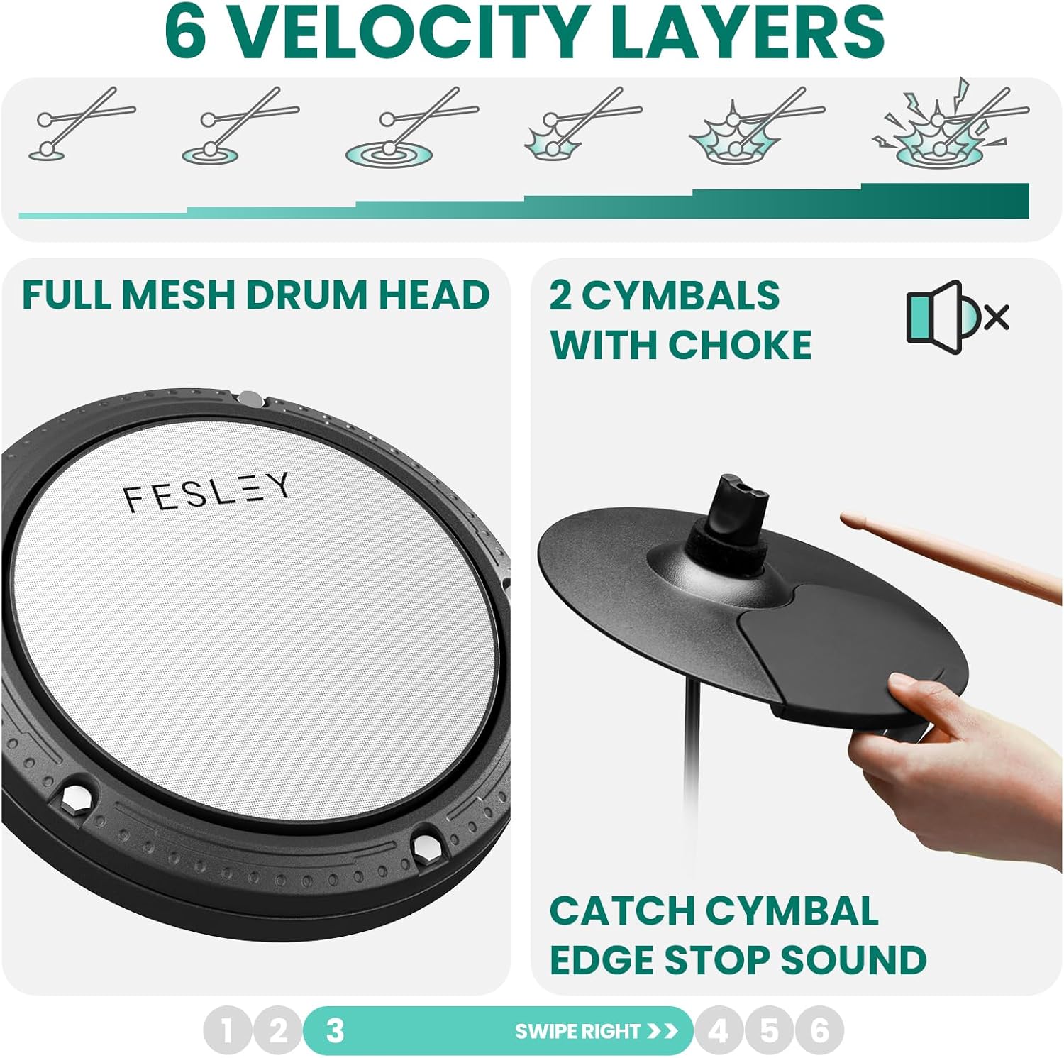 6 níveis de velocidade e detalhes da cabeça mesh e pratos choke da bateria eletrônica Fesley FED150W.