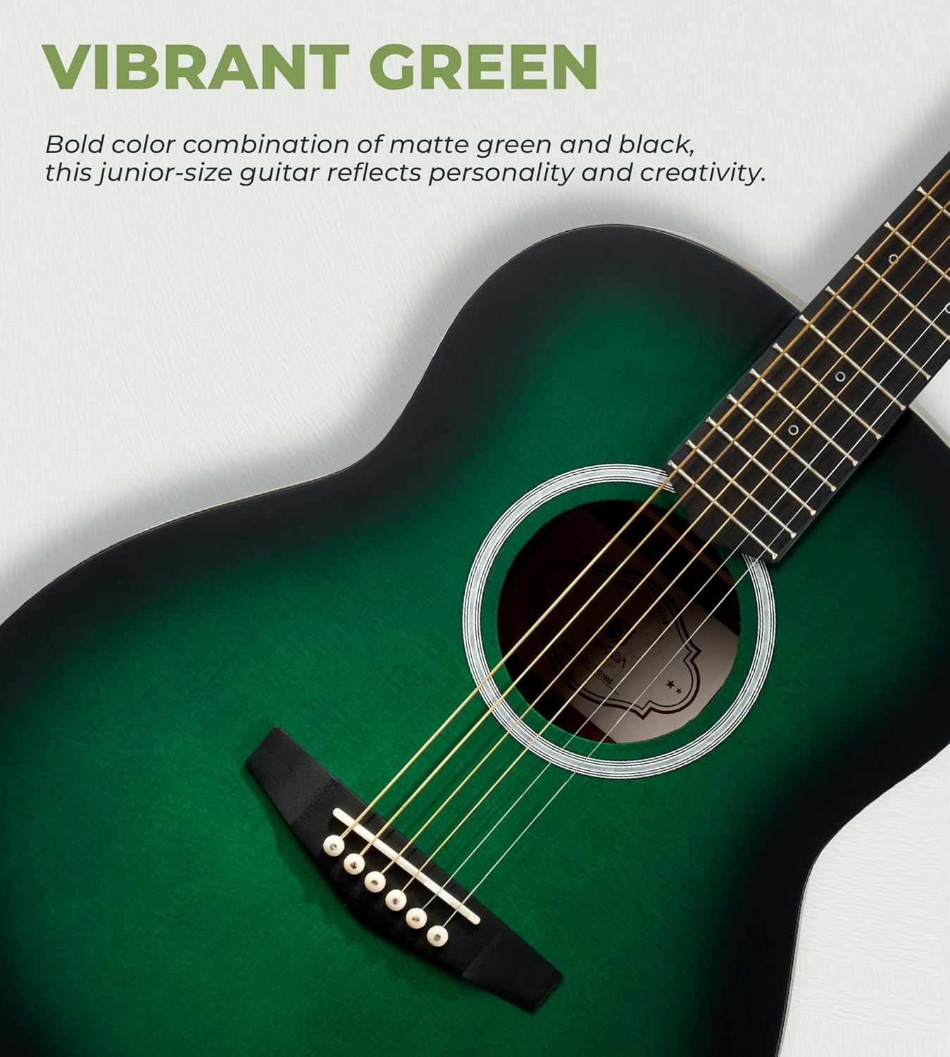 Cor vibrante do violão verde fosco com bordas pretas 3/4 Vangoa para iniciantes