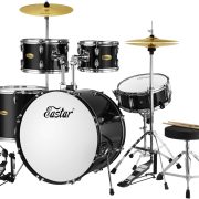 Bateria acústica Eastar completa preta espelhada com bumbo, toms, caixa, pratos e banco.