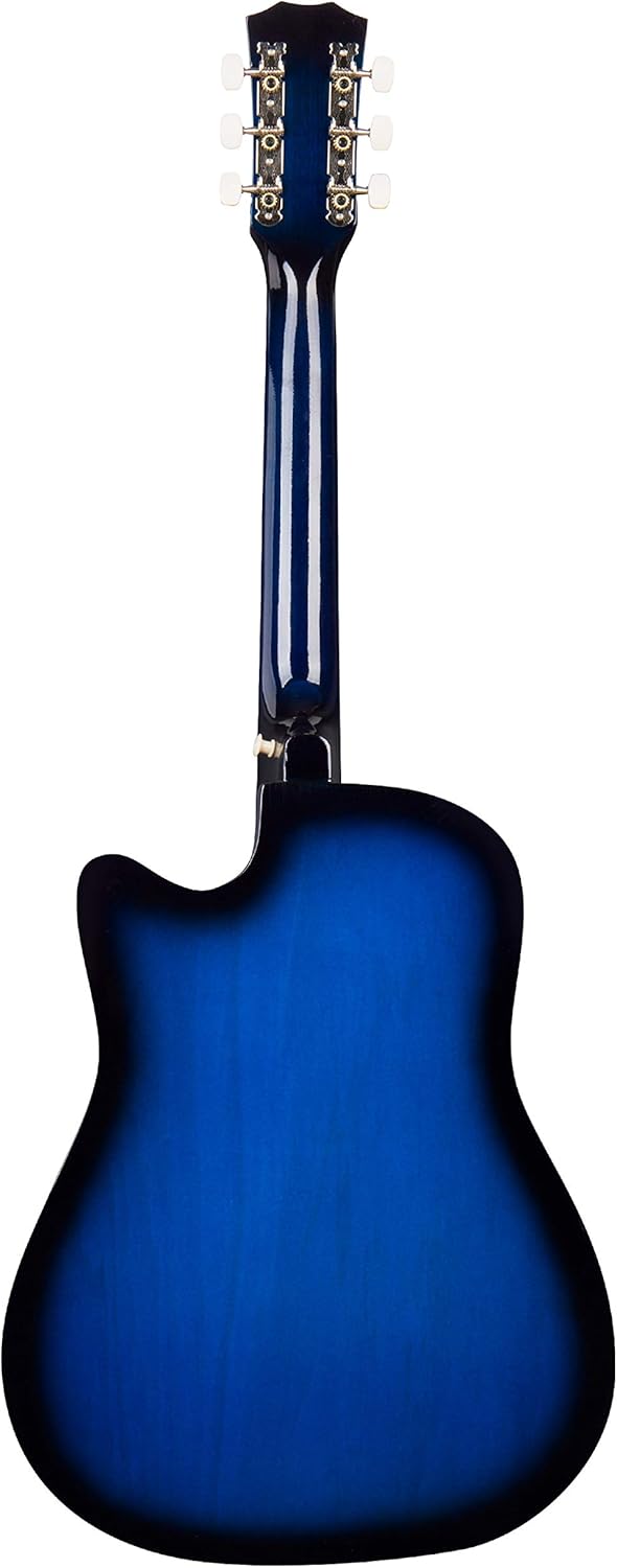 Parte traseira do violão Joymusic JG-38C Blueburst brilhante com corte, mostrando as tarraxas e acabamento.