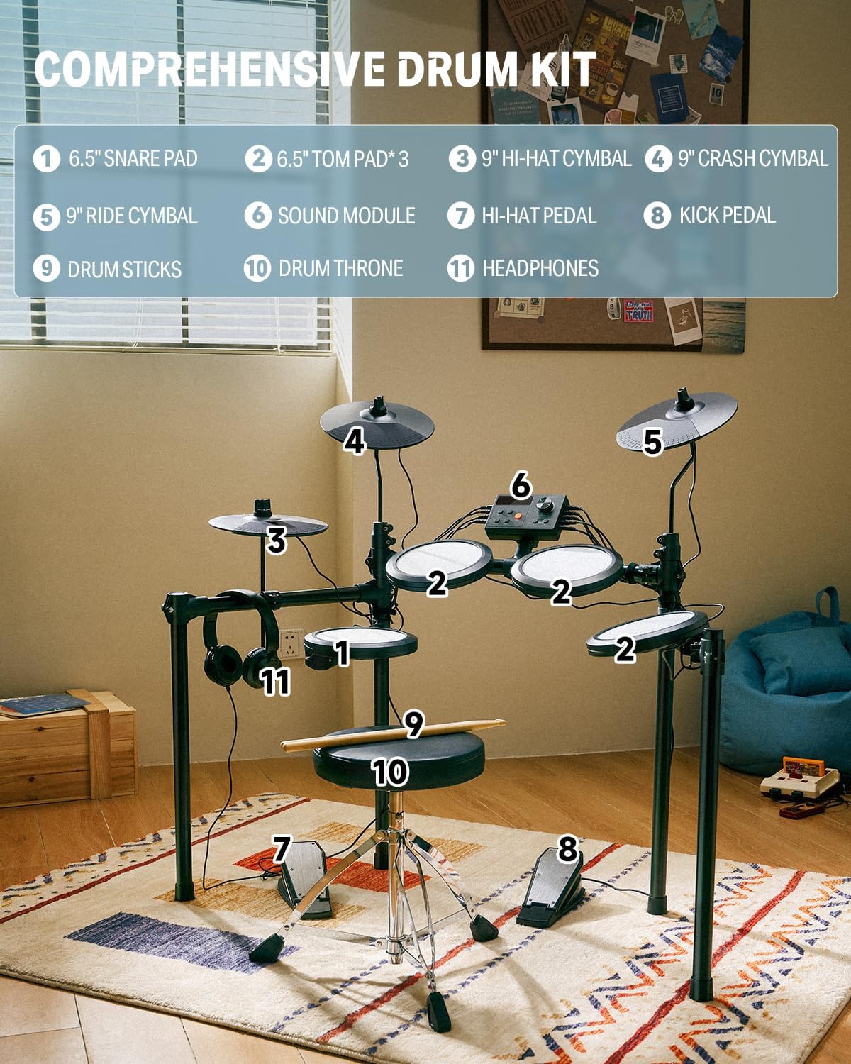 Kit completo de bateria eletrônica Donner DED-70 com pads, pratos, pedais, módulo, banco e fones.