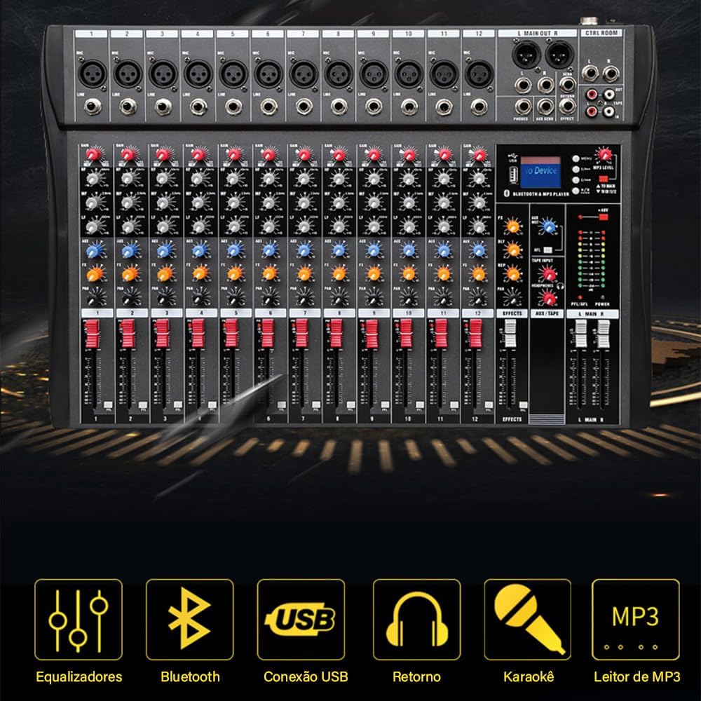 Mesa de som ANVAR Small Stage 12 canais com equalizador, Bluetooth, USB, retorno, karaokê e leitor de MP3