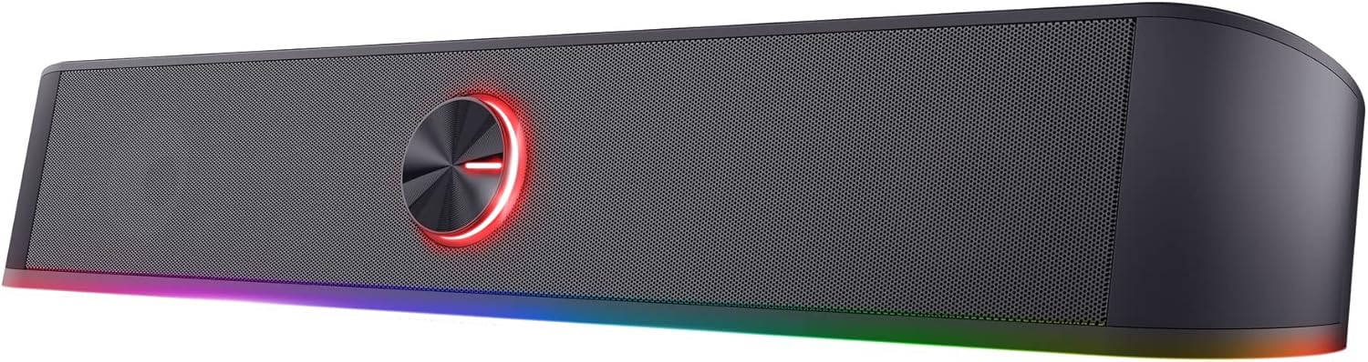 Soundbar Trust GXT 619 Thor para PC com iluminação RGB multicolorida, design compacto e botão de controle iluminado.
