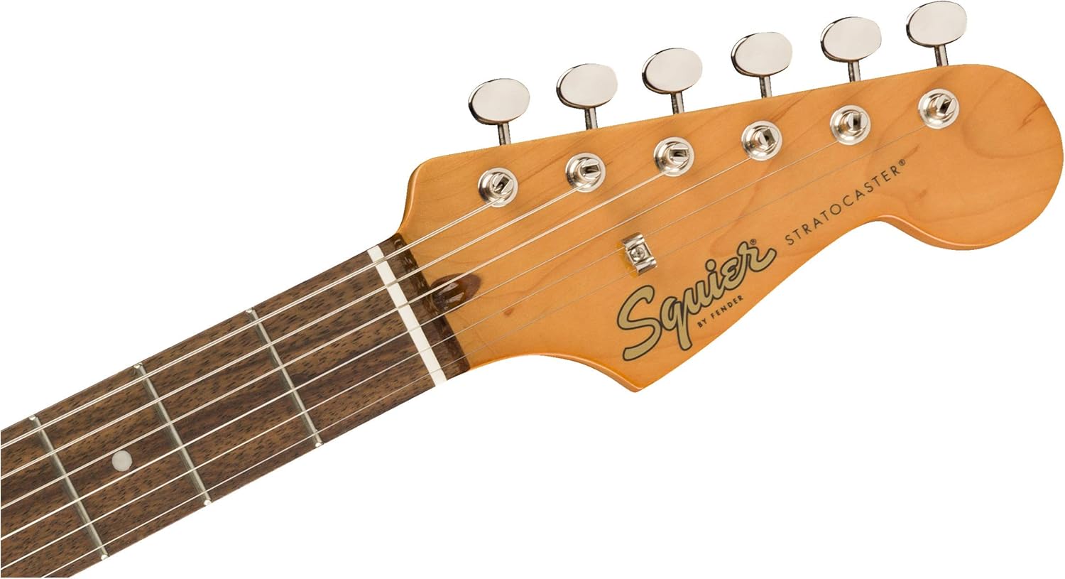 Cabeça do braço da guitarra Squier Classic Vibe '60s Stratocaster com logo e tarraxas cromadas.