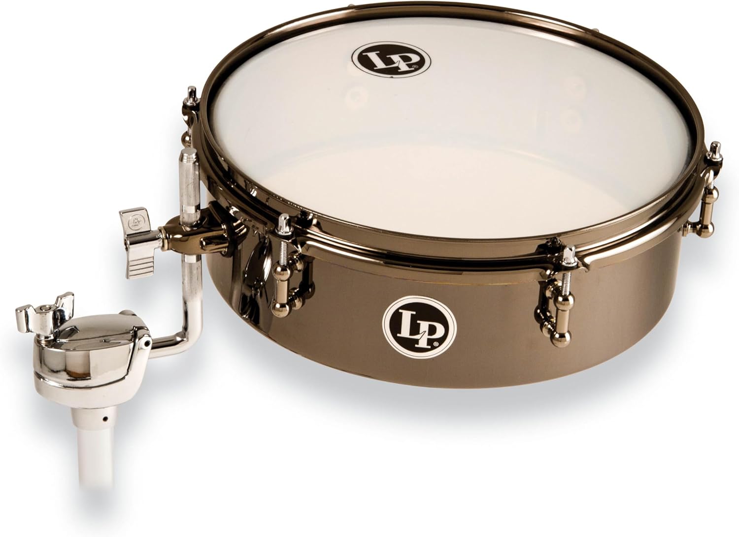 Timbale Latin Percussion 4 x 12 com acabamento níquel preto e pele branca, montado em suporte metálico.